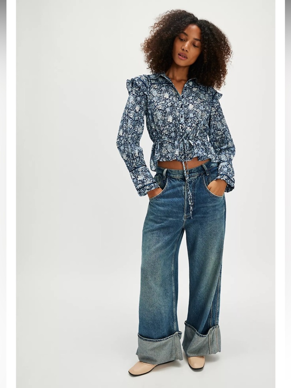 Free People Navy and White Floral Button-Up Drawstring Blouse